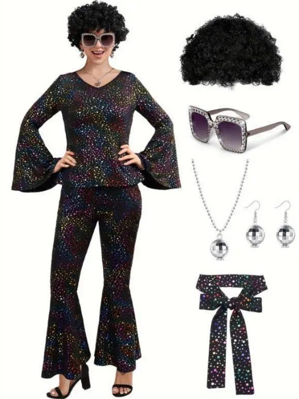 Spooktacular Creations 70s Disco Costume Rainbow Bell Bottoms Wig Accessories